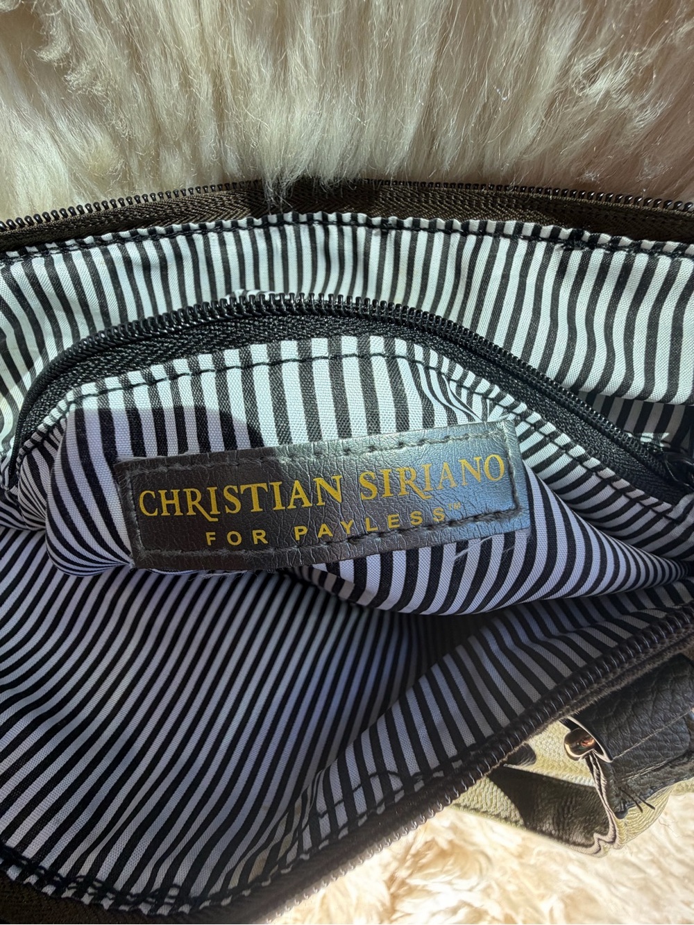 Christian Siriano olive green tote bag, Black and White Striped Lined Handbag - Picture 5 of 5